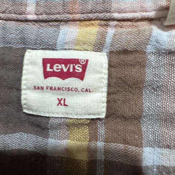 Levis Shirt Mens XL Pink Brown Plaid Short Sleeve Button Up Hemp Blend Casual - Picture 3 of 8
